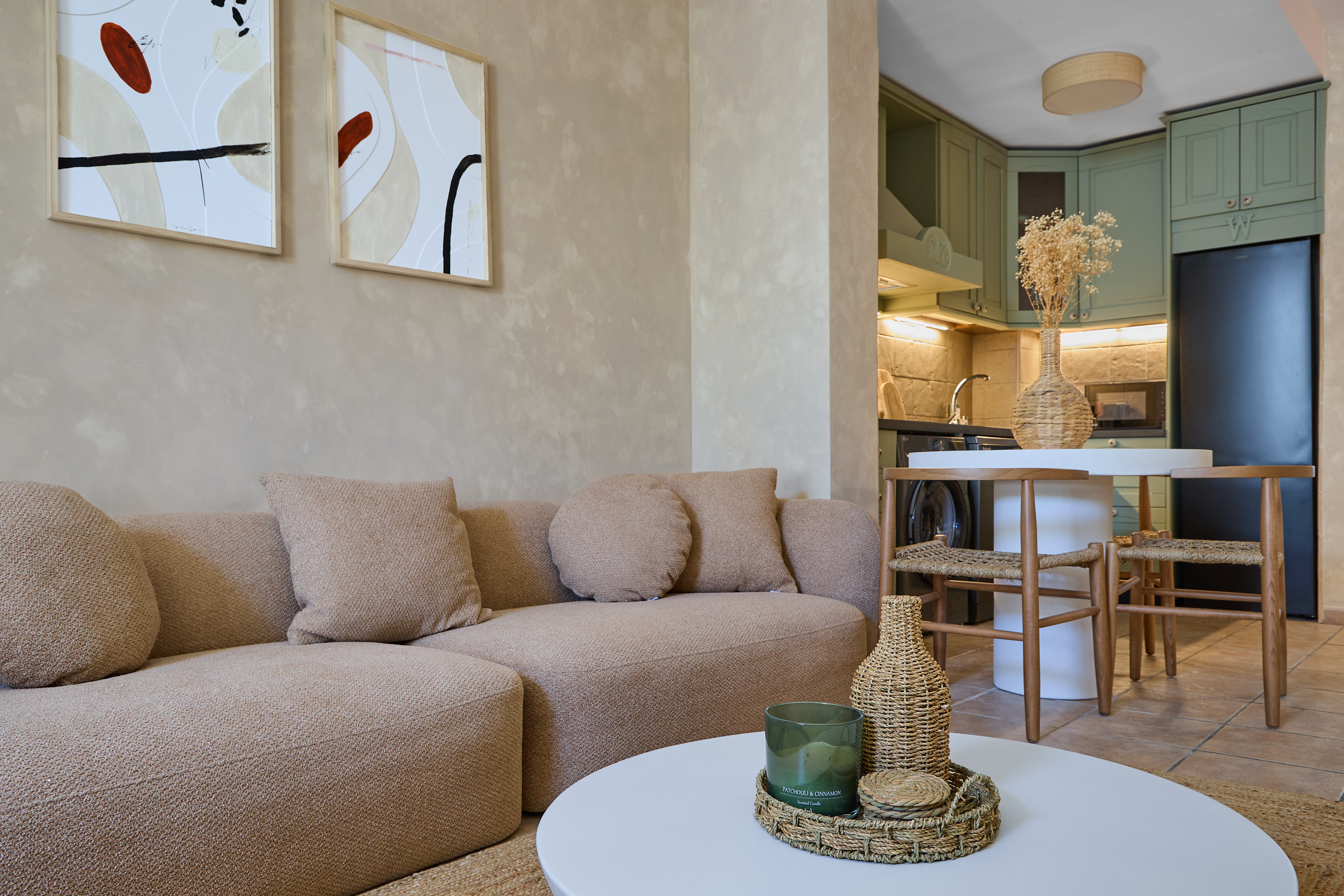 Bright neutral living room at Casa Wanda with natural textures