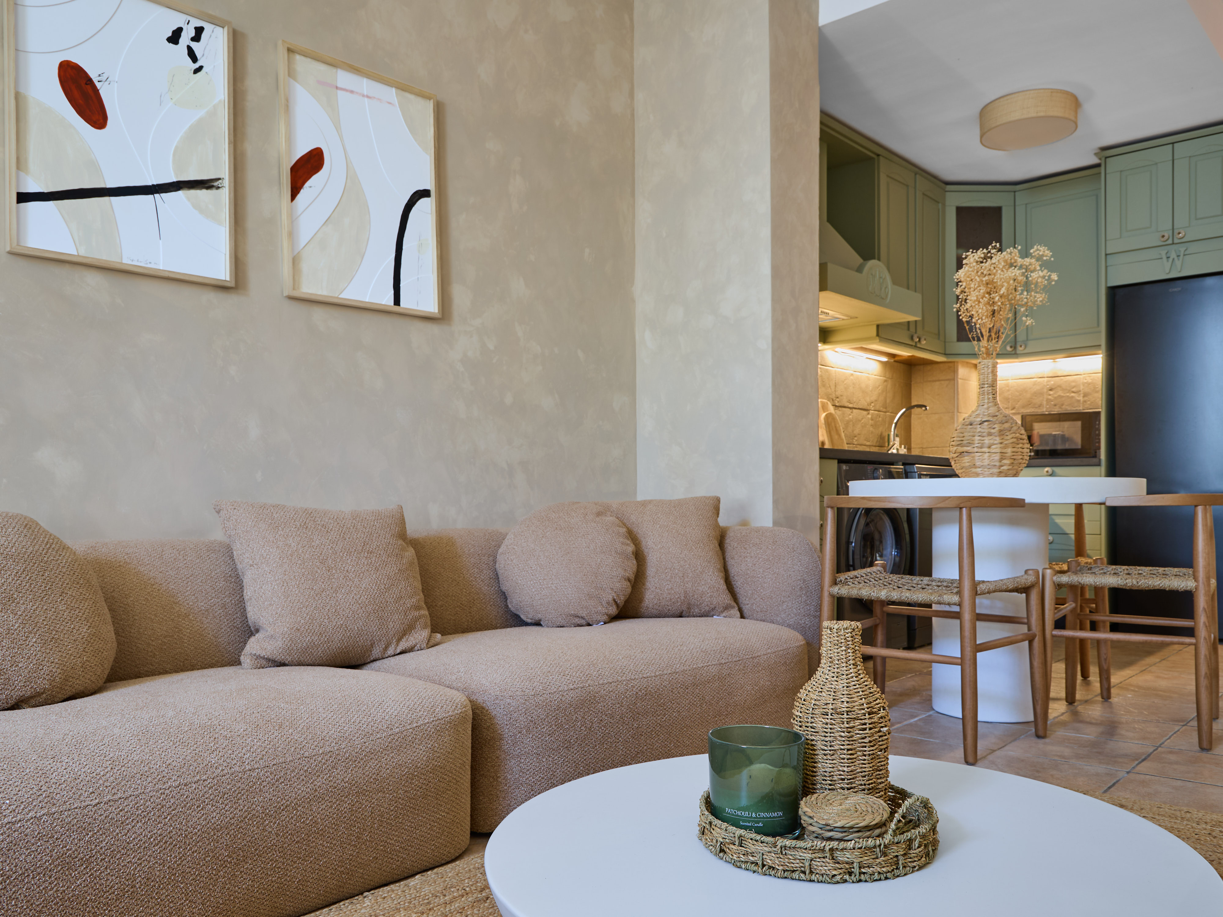Bright neutral living room at Casa Wanda with natural textures